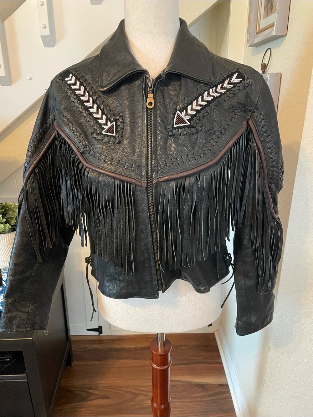 VTG Unik Black Leather Fringe Motorcycle Jacket Womens 4 Western Beaded Biker